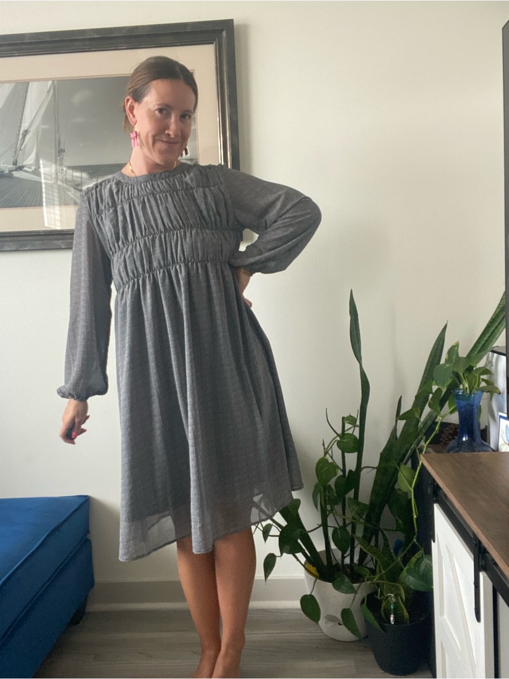 Molly Bracken Gray Long Sleeve Smocked Bodice Dress